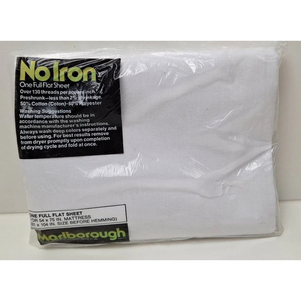 Marlborough No Iron 50/50 Cotton/Poly White Full Flat Sheet USA Vtg. '70s/'80s